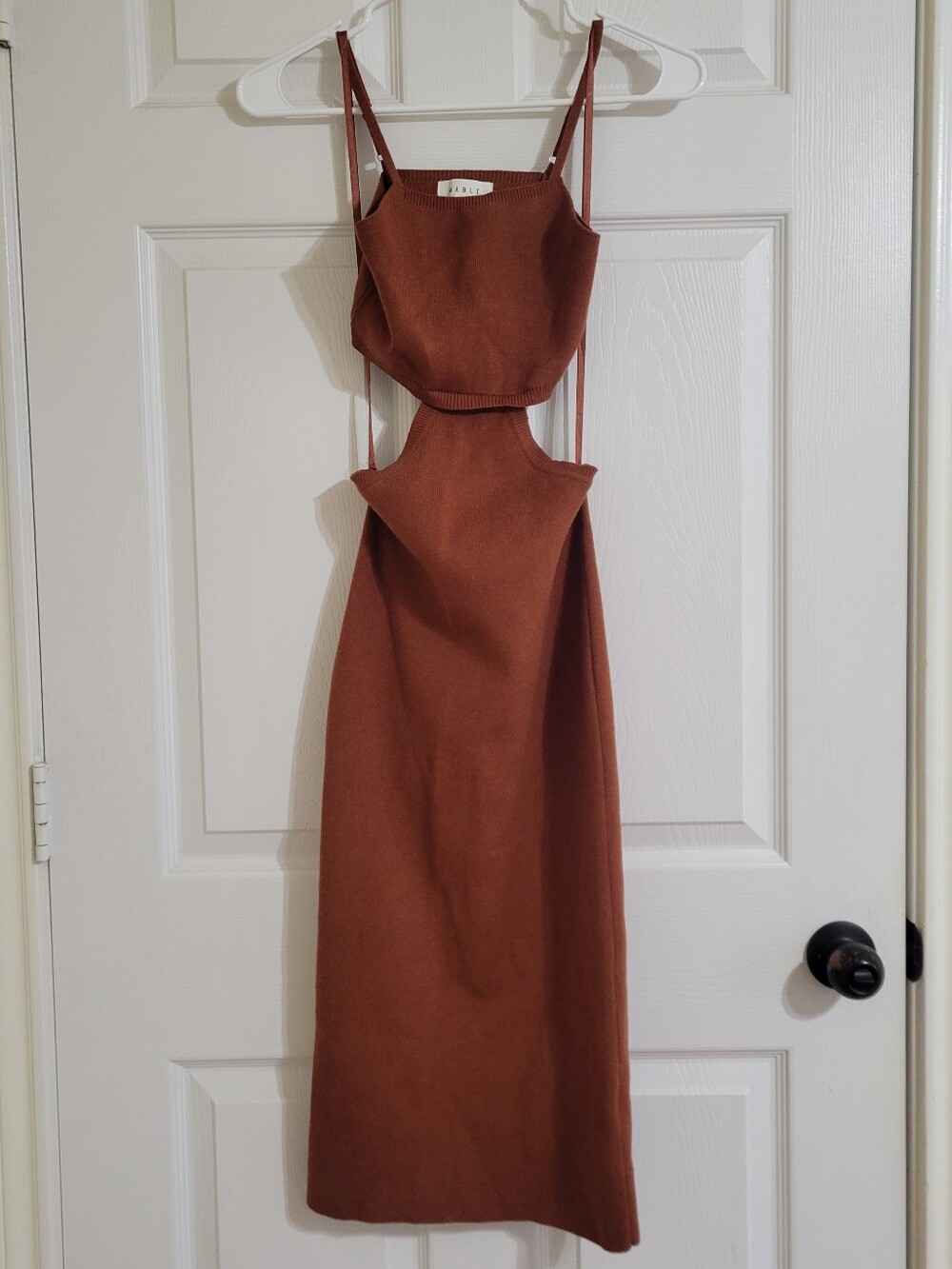 MABLE Cutout Midi Dress in Rust Brown